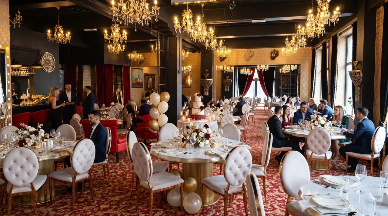 Illustrert bursdagsfeiring med voksne gjester og kake i Grand Event